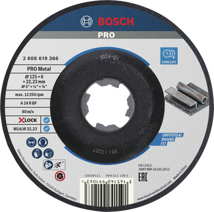 PRO Metal Bonded Grinding Disc, 125 x 6 x 22.23 mm, X-Lock Cakram Pengasah Bosch PRO Metal Bonded X-Lock 125mm.