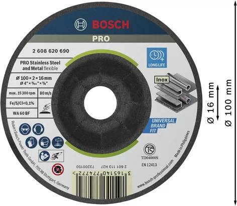 PRO Semi-Flexible Cakram Penggiling Semi-Fleksibel Bosch PRO untuk baja tahan karat.