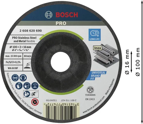 Cakram Gerinda Semi-Fleksibel Bosch PRO untuk logam, 100 x 2 x 16 mm.