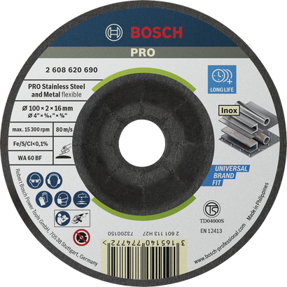 PRO Semi-Flexible Cakram Penggiling Semi-Fleksibel Bosch PRO untuk baja tahan karat.