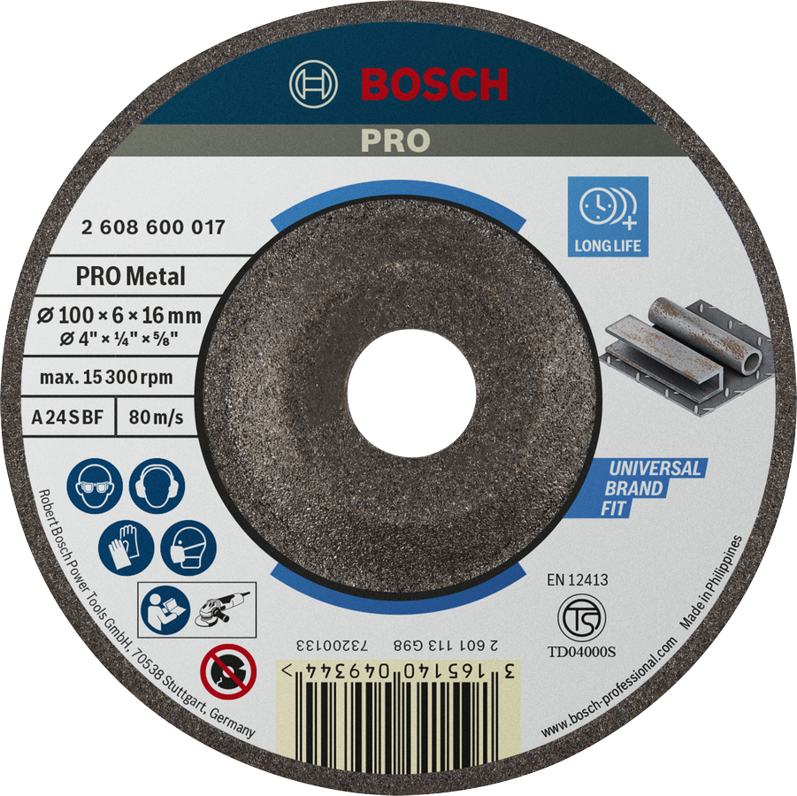 Cakram Penggiling Logam Bosch PRO, 100 x 6 x 16 mm.