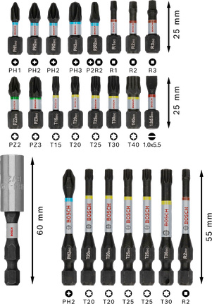 Set Mata Obeng Dampak Bosch PRO 24 pcs, berkode warna.