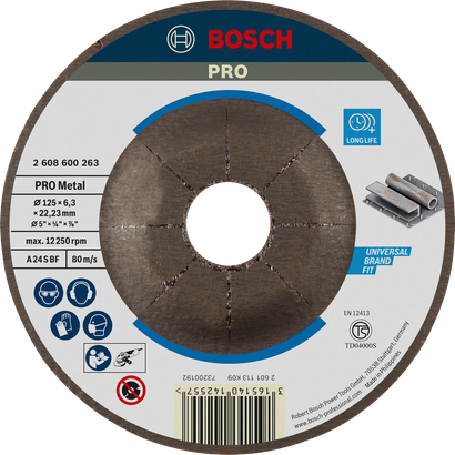 PRO Metal Cakram Pengasah Logam Bosch PRO 125 mm untuk masa pakai yang lama.
