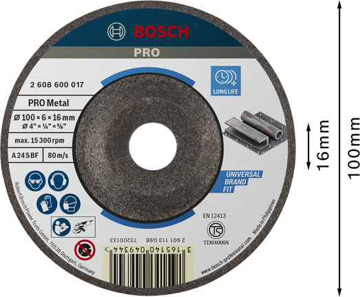 Cakram Pengasah Logam Bosch PRO, 100 x 6 x 16 mm.