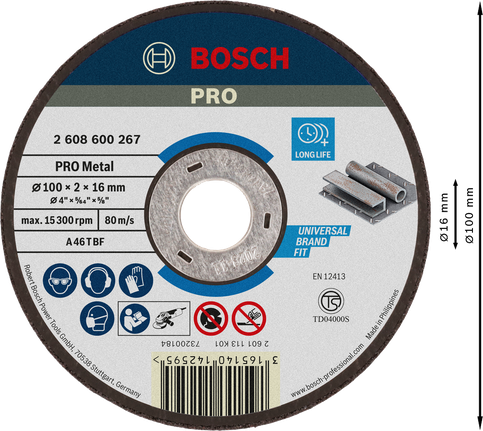 Bosch PRO Metal Cutting Disc 100 x 2 x 16 mm untuk logam.