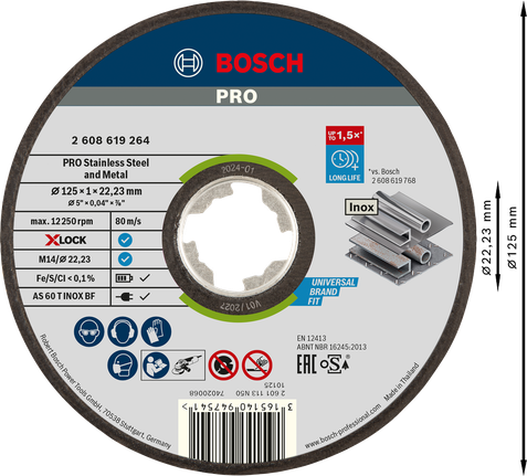 Cakram pemotong Bosch PRO X-Lock untuk baja tahan karat dan logam, 125 mm.