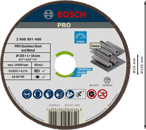 Bosch PRO Cakram Pemotong Baja Tahan Karat dan Logam 105 x 1 x 16 mm.