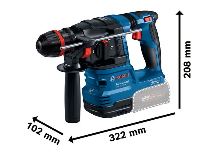 Bor palu putar Bosch GBH 18V-22 X dengan dimensi ukuran.