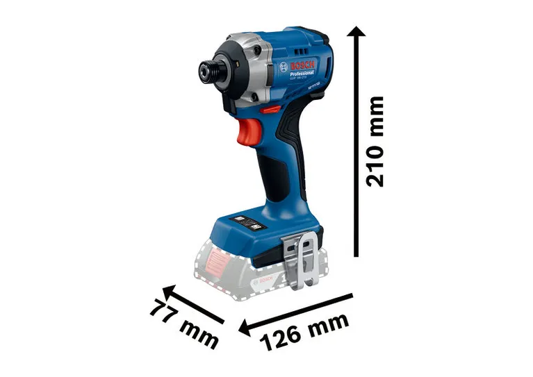 Obeng benturan Bosch GDR 18V-215 dengan dudukan bit panjang dan dimensi ukuran.