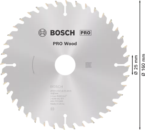 Mata Gergaji Sirkular PRO Wood, 160 x 2 x 25 mm Mata gergaji bundar Bosch PRO Wood 160x25 mm untuk kayu.