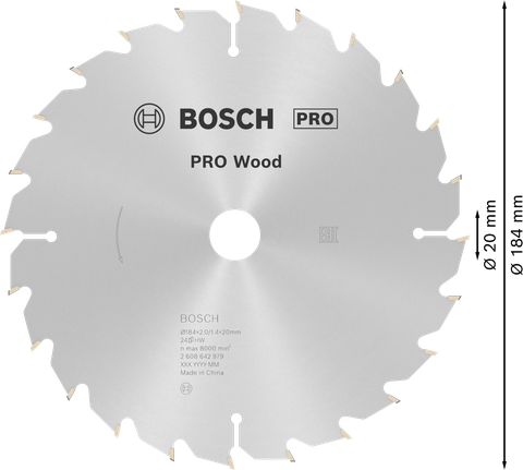 Mata Gergaji Sirkular PRO Wood, 184 x 2 x 20 mm Mata gergaji bundar Bosch PRO Wood 184 mm untuk pemotongan kayu
