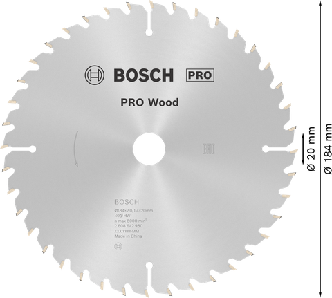 Mata Gergaji Sirkular PRO Wood, 184 x 2 x 20 mm Mata Gergaji Lingkar Kayu Bosch PRO 184 mm untuk memotong kayu.