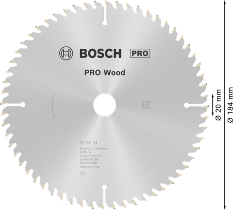 Mata Gergaji Sirkular PRO Wood, 184 x 2 x 20 mm Mata gergaji bundar Bosch PRO Wood 184 mm untuk pemotongan halus.