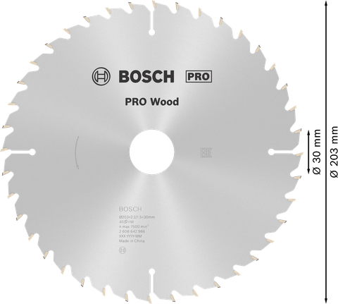 Mata Gergaji Sirkular PRO Wood, 203 x 2,2 x 30 mm Mata gergaji bundar Bosch PRO Wood 203x30 mm untuk kayu.