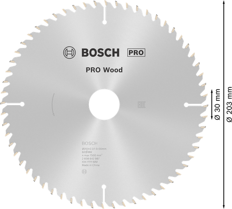 Mata Gergaji Sirkular PRO Wood, 203 x 2,2 x 30 mm Mata gergaji bundar Bosch PRO Wood, diameter 203 mm.