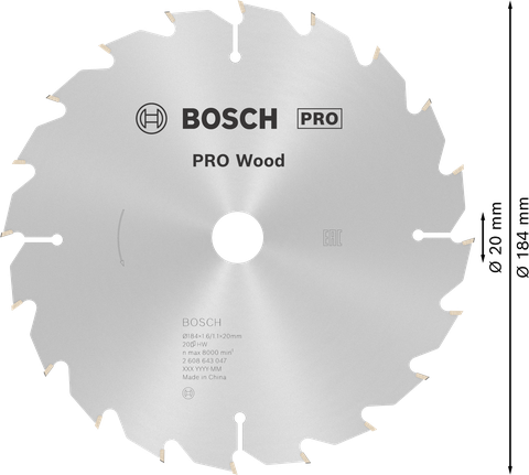 Mata Gergaji Sirkular PRO Wood, 184 x 1,6 x 20 mm Mata gergaji bundar Bosch PRO Wood, diameter 184 mm.