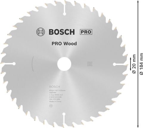 Mata Gergaji Sirkular PRO Wood, 184 x 1,6 x 20 mm Mata gergaji bundar Bosch PRO Wood 184 mm 40 gigi.