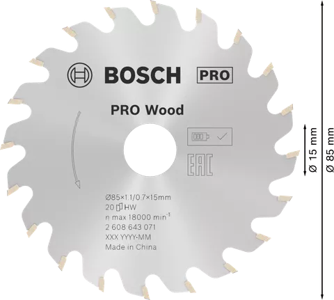 Mata Gergaji Sirkular PRO Wood, 85 x 1,1 x 15 mm Mata gergaji bundar Bosch PRO Wood, 85 mm 20 gigi.