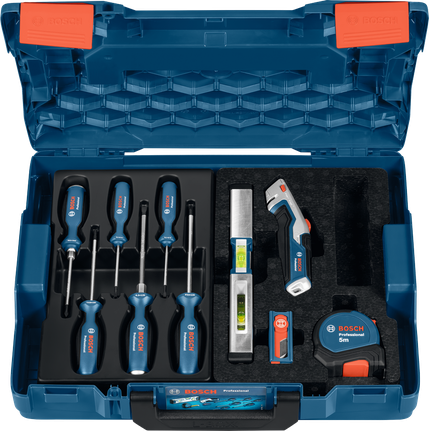 Set perkakas tangan Bosch yang terdiri dari obeng, alat pengukur level, pemotong, dan pita pengukur.