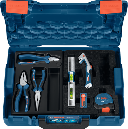 Set perkakas tangan Bosch dengan tang, level, dan pita pengukur.