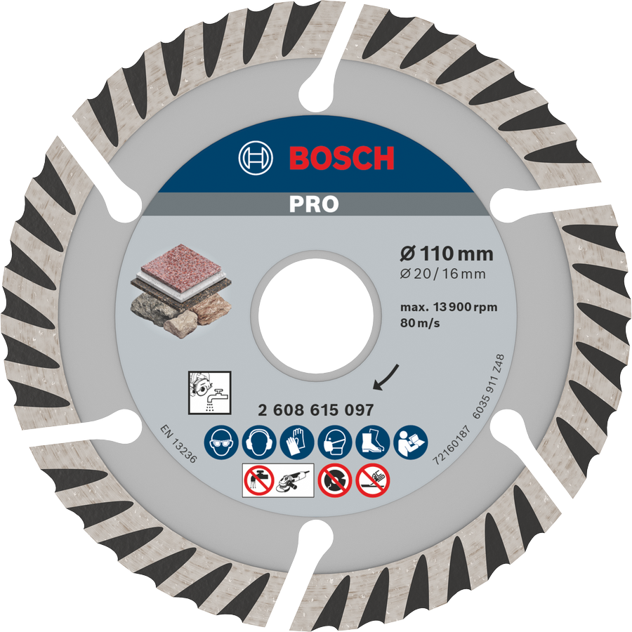 Cakram Berlian Bosch PRO Stone 110 mm untuk memotong batu.