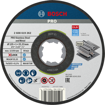 Cakram pemotong Bosch PRO X-LOCK 125mm untuk baja tahan karat dan logam.
