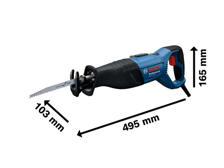 Gergaji bolak-balik Bosch GSA 12-30 dengan dimensi yang ditampilkan.