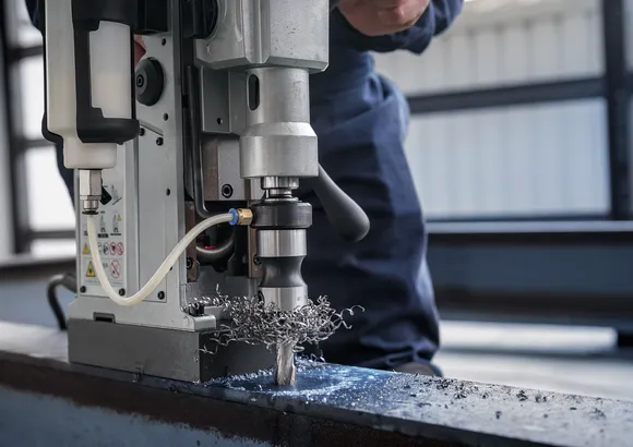 Orang yang mengenakan peralatan keselamatan mengebor lubang pada balok logam.