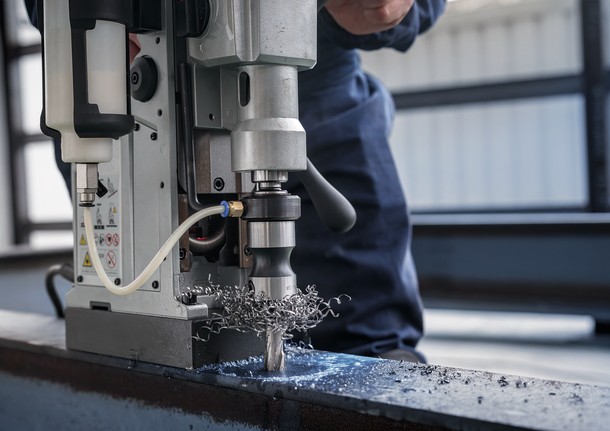 Orang yang mengenakan peralatan keselamatan mengebor lubang pada balok logam.