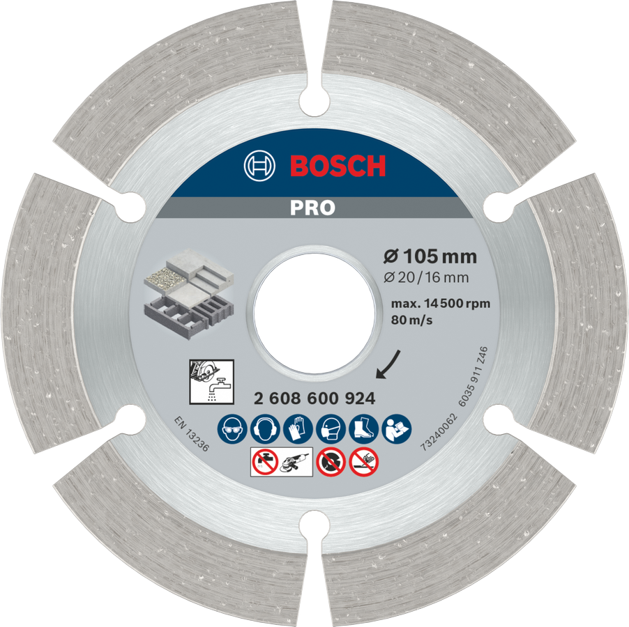 Cakram Berlian Beton Bosch PRO 105 mm untuk pemotongan.