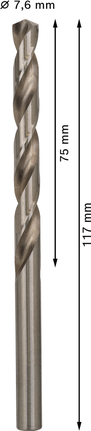Mata Bor Puntir PRO Metal HSS-G Panjang Standar, 7,6 x 75 x 117 mm, 10 buah Mata bor putar Bosch PRO Metal HSS-G diameter 7,6 mm.