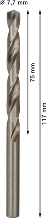 Mata Bor Puntir PRO Metal HSS-G Panjang Standar, 7,7 x 75 x 117 mm, 10 buah Mata bor putar Bosch PRO Metal HSS-G diameter 7,7 mm.