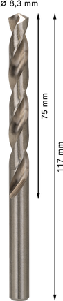 Mata Bor Puntir PRO Metal HSS-G Panjang Standar, 8,3 x 75 x 117 mm, 5 buah Mata bor putar Bosch PRO Metal HSS-G diameter 8,3 mm.
