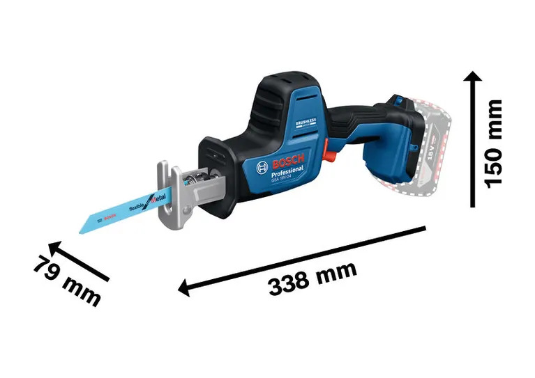 Gergaji bolak-balik Bosch GSA 18V-24 dengan dimensi yang ditampilkan.