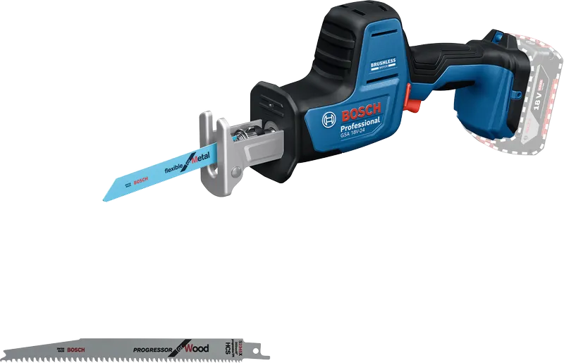 Gergaji bolak-balik tanpa kabel Bosch GSA 18V-24 dengan dua bilah.