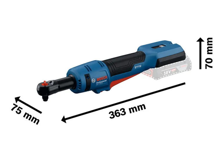 Kunci ratchet nirkabel Bosch GRC 18V-60 beserta dimensinya.