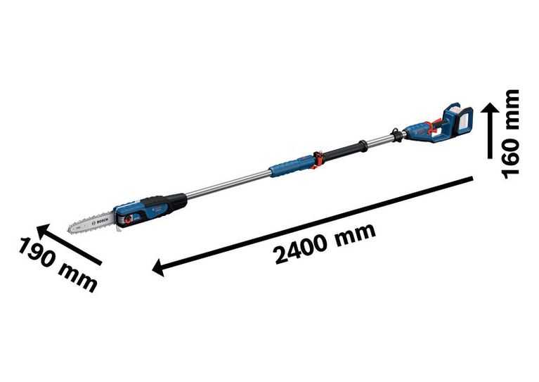 Gergaji tiang tanpa kabel Bosch GKE 18V-25 TP dengan panjang 2400 mm.