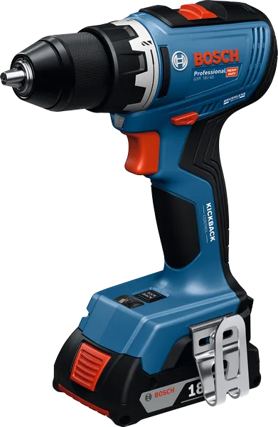 Bor tanpa kabel Bosch GSR 18V-65 dengan baterai 2Ah.