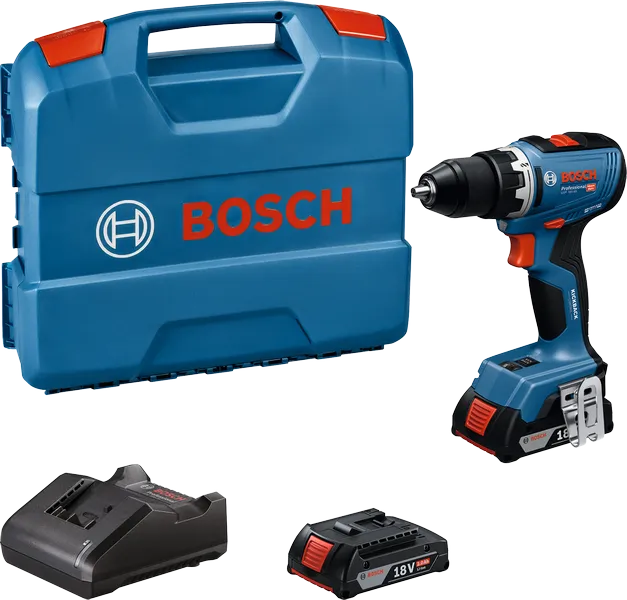 Set bor Bosch GSR 18V-65 dengan baterai dan pengisi daya.