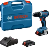 Set bor Bosch GSR 18V-65 dengan baterai dan pengisi daya.