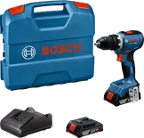 Set bor Bosch GSR 18V-65 dengan baterai dan pengisi daya.