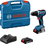 Set bor Bosch GSR 18V-65 dengan baterai dan pengisi daya.