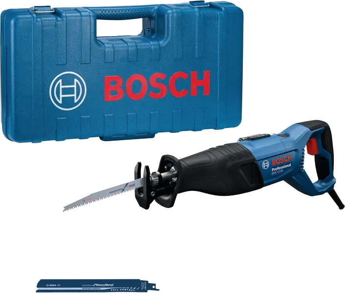 Gergaji bolak-balik Bosch GSA 12-30 beserta kotak dan mata gergaji.