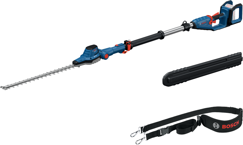 Pemangkas pagar teleskopik Bosch GHE 18V-50 dengan tali.