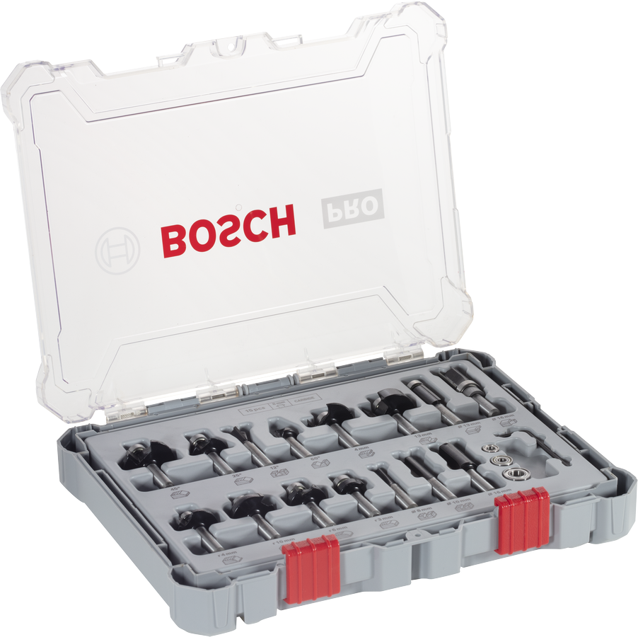 Set Campuran Mata Router Bosch PRO, 15 pcs dalam kotak.