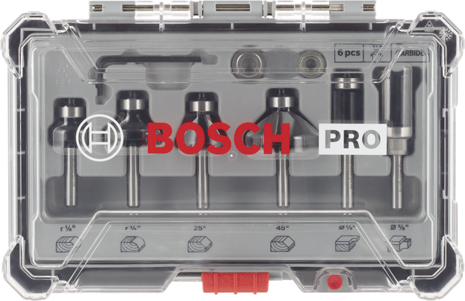 Set mata router Bosch PRO untuk merapikan dan merapikan tepi, shank 1/4″, 6 pcs.