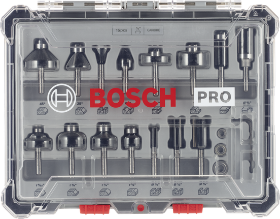 Set mata router Bosch PRO 1/4″ 15 pcs.