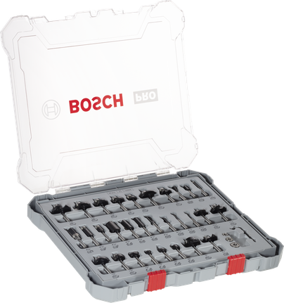 Set Mata Router Bosch PRO Campuran 30 pcs dalam kotak penyimpanan.
