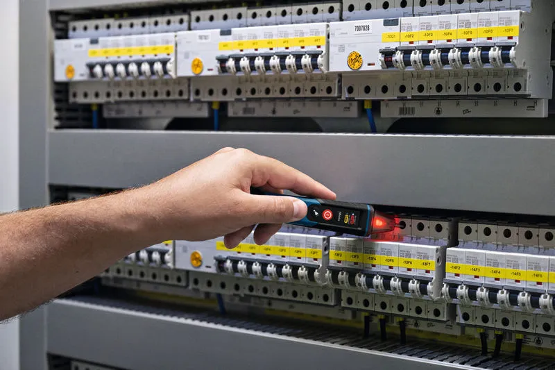 Orang menguji panel listrik dengan penguji tegangan non-kontak.