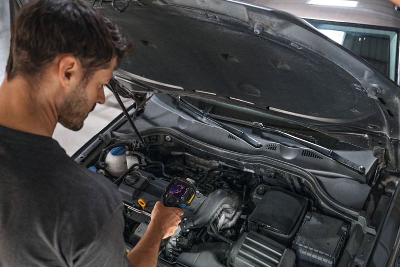 Seseorang memeriksa mesin mobil menggunakan kamera termal genggam.